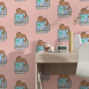 Carta da parati adesiva con motivo a gatto pixelato, Carta da parati rosa pixelata, Carta da parati rimovibile funky, Carta da parati autoadesiva, Carta da parati per bambini