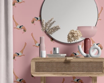 Retro pink falling girl peel and stick wallpaper, Vintage wallpaper, Collage Contemporary removable wallpaper, Self adhesive wallpaper