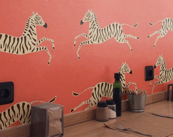 Zebra peel and stick wallpaper, Pink wallpaper, Vintage Zebra removable wallpaper, Self adhesive wallpaper, Jumping zebras pattern