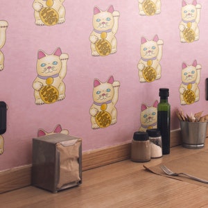 Lucky Chinese Cat Peel and Stick Wallpaper - Waving Cat on Pink Background - Removable Wall Decor for Home & Office Funky home decor
