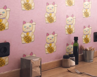 Carta da parati adesiva Lucky Cat: Maneki Neko su sfondo rosa