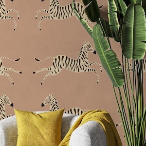 Zebra schale und Stick Tapete, Beige Tapete, Vintage Zebra entfernbare Tapete, selbstklebende Tapete, springende Zebras Muster Retro