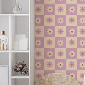 Papel pintado a cuadros de margaritas lilas: estilo retro de los años 70, fácil de pegar y despegar.