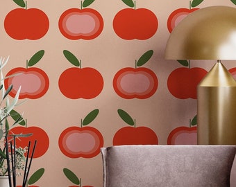 Papier peint rétro funky pomme rouge - autocollant, pose facile, vinyle durable, motif fruité vintage audacieux, décoration murale de cuisine unique, éclatant