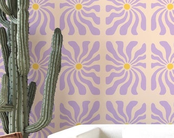 Carta da parati con fiori viola: decorazione floreale funky anni '70 da staccare e attaccare