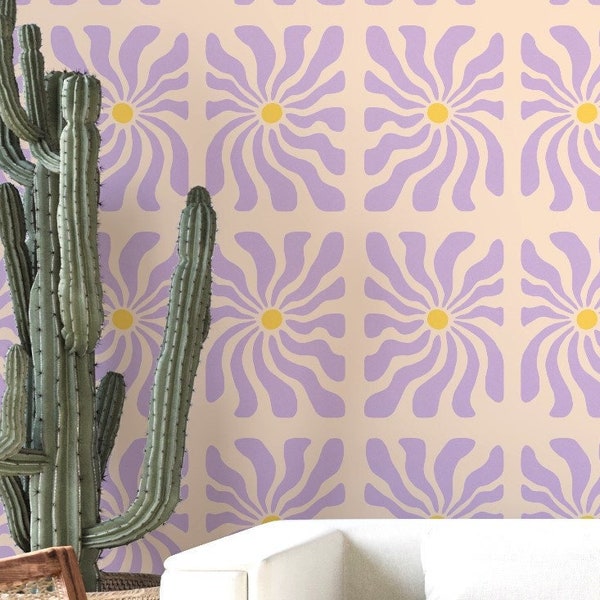Papier peint fleurs violettes vibrantes - décoration murale florale funky - accent botanique lilas tendance - autocollant, déco amovible des années 70