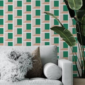 Geometric peel and stick wallpaper, Square Vintage pattern, Accent retro removable wallpaper, Self adhesive wallpaper, Retro green pattern