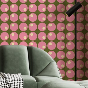 Pink retro circles peel and stick wallpaper, Pink wallpaper, Vintage removable wallpaper, Self adhesive wallpaper, Pink circle 70s pattern