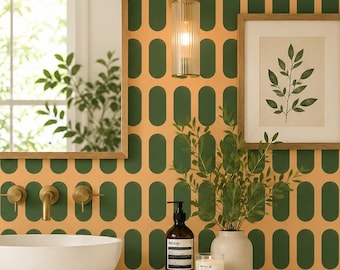 Carta da parati autoadesiva geometrica verde e pesca in stile metà secolo, effetto tela testurizzata, rivestimento murale rimovibile.