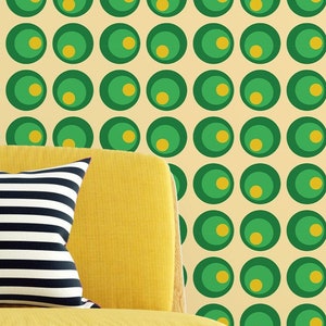 Funky retro circles peel and stick wallpaper, Accent wallpaper, Vintage removable wallpaper, Self adhesive wallpaper, Green 70s pattern