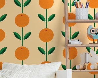 Peel and stick orange wallpaper, Orange flower wallpaper, Vintage removable wallpaper, Retro Self adhesive wallpaper, Peel & Stick