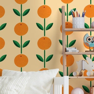 Peel and stick orange wallpaper, Orange flower wallpaper, Vintage removable wallpaper, Retro Self adhesive wallpaper, Peel & Stick