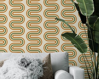Retro 70s Waves Peel and Stick Wallpaper: Olive Green Mustard Accent