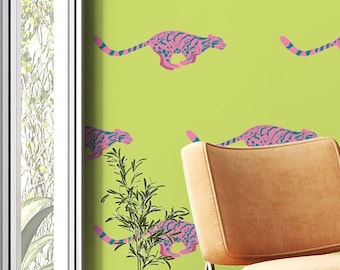 Carta da parati Funky Ocelot staccabile e attaccabile: verde lime, gatto selvatico rosa