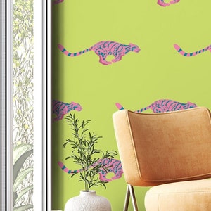 Funky Ocelot peel and stick wallpaper, Green Lime Tiger wallpaper, Cool Contemporary removable wallpaper, Self adhesive Pink wild Cat