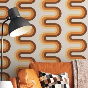 Braune Retro Funky Waves Tapete - schälen und aufkleben, rückseitiges Wandbild der 70er Jahre, Groovy Vintage-Muster, Boho-Wanddeko