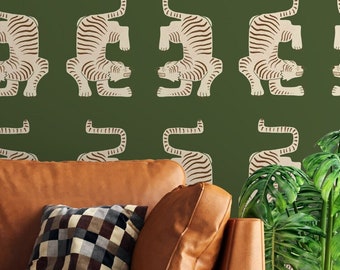 Peel and stick olive green tiger wallpaper, Aztec tiger wallpaper, Vintage removable wallpaper, Retro Self adhesive wallpaper, Peel & Stick