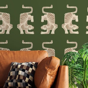 Peel and stick olive green tiger wallpaper, Aztec tiger wallpaper, Vintage removable wallpaper, Retro Self adhesive wallpaper, Peel & Stick