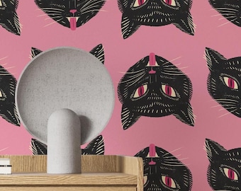 Carta da parati adesiva con tatuaggio di gatto nero - Decorazione rosa funky