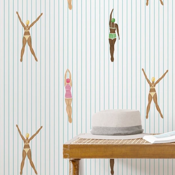 Peel and stick swimmers wallpaper, Swimmer flower wallpaper, Vintage removable wallpaper, Retro Self adhesive wallpaper, Peel & Stick