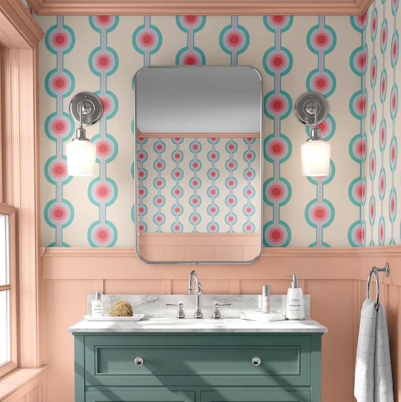 Funky retro pattern wallpaper, Colorful rainbow wallpaper, Vintage removable wallpaper, Retro Self adhesive wallpaper, Peel & Stick image 2