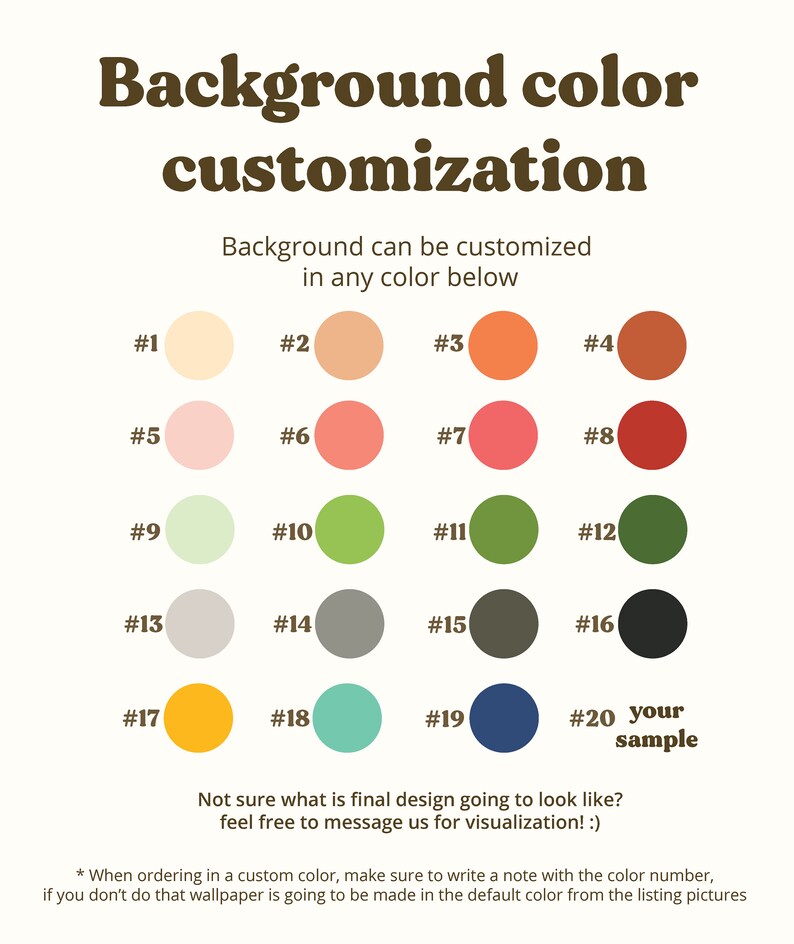 Peut inclure: Un tableau pr&eacute;sentant 20 options de couleurs diff&eacute;rentes pour personnaliser un arri&egrave;re-plan. Les couleurs sont dispos&eacute;es en rang&eacute;es de quatre, chaque couleur &eacute;tant &eacute;tiquet&eacute;e d'un num&eacute;ro de 1 &agrave; 20. Le texte "Personnalisation de la couleur de fond" est en haut du tableau, et le texte "L'arri&egrave;re-plan peut &ecirc;tre personnalis&eacute; dans n'importe quelle couleur ci-dessous" est en dessous du tableau. Le texte "votre &eacute;chantillon" est &agrave; c&ocirc;t&eacute; de la couleur n&deg; 20.