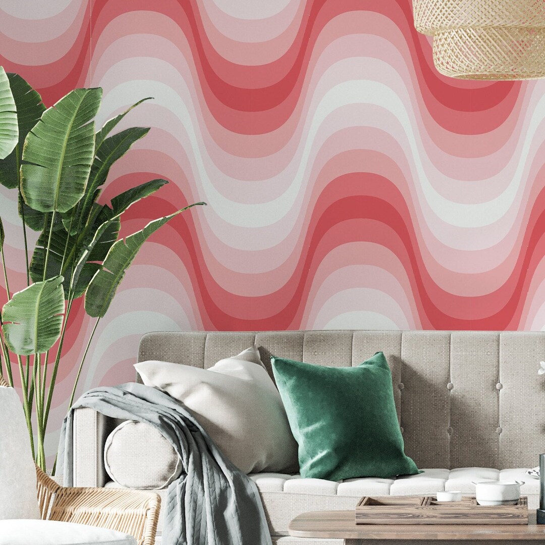 Pink Wave Peel and Stick Wallpaper, Pink Wallpaper, Vintage Pink Waves