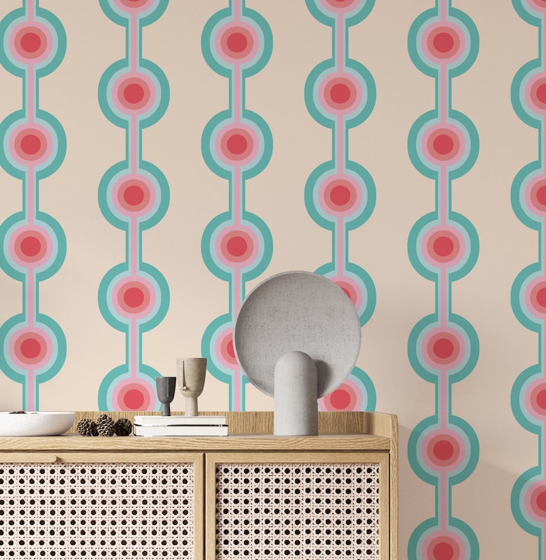 Funky retro pattern wallpaper, Colorful rainbow wallpaper, Vintage removable wallpaper, Retro Self adhesive wallpaper, Peel & Stick image 1