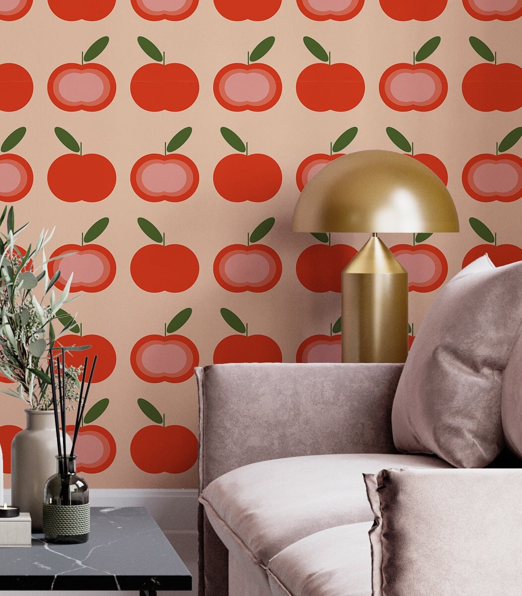 Peel & Stick Wallpaper – Vintage Macaroons & Berries Design, Self-Adhesive Removable, 13” X 100”, Red Pink Peach