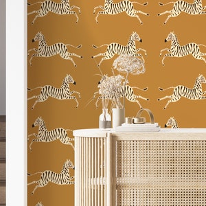 Zebra Peel and Stick Tapete, senfgelbe Tapete, Vintage Zebra entfernbare Tapete, springende Zebras Muster