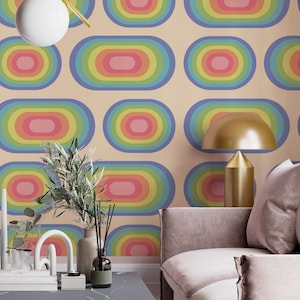 Funky Rainbow shapes wallpaper, Colorful wallpaper, Vintage removable wallpaper, Retro Self adhesive wallpaper, Peel & Stick Retro Wall