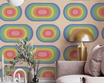 Carta da parati con forme arcobaleno funky: stile Mid-Century Modern stacca e attacca