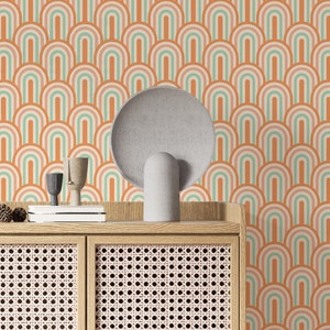 Colorful arches peel and stick wallpaper, Orange wallpaper, Accent retro removable wallpaper, Self adhesive wallpaper, Vintage 70s arch