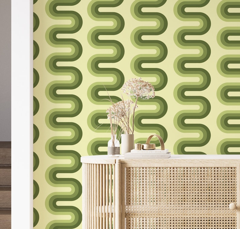 Olive Green Peel and Stick Wallpaper Groovy Wallpaper Accent Etsy