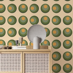 Green retro circles peel and stick wallpaper, Green wallpaper, Vintage removable wallpaper, Self adhesive wallpaper, Funky circle 70s
