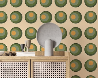 Green retro circles peel and stick wallpaper, Green wallpaper, Vintage removable wallpaper, Self adhesive wallpaper, Funky circle 70s