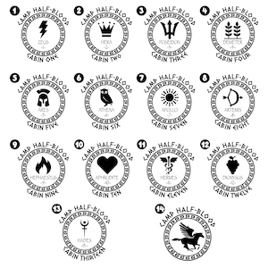 May include: A black and white illustration of 14 circular seals with Greek god symbols and names. Each seal has a number and the text "Camp Half-Blood" and "Cabin" followed by a number. The seals are arranged in a grid pattern.