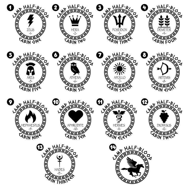 May include: A black and white illustration of 14 circular seals with Greek god symbols and names. Each seal has a number and the text "Camp Half-Blood" and "Cabin" followed by a number. The seals are arranged in a grid pattern.