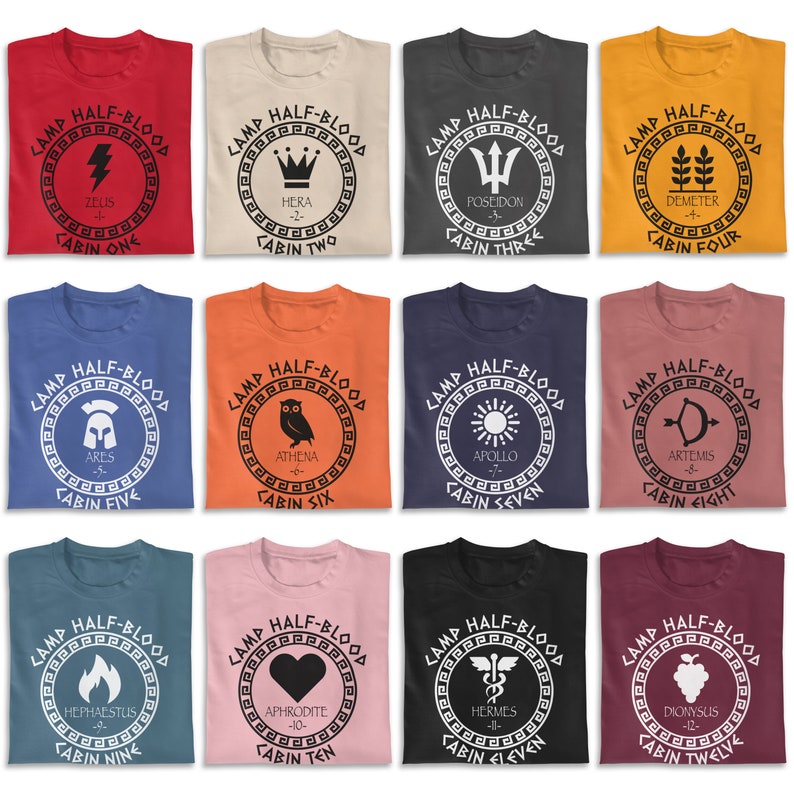 May include: Twelve t-shirts with different designs featuring the Greek god or goddess name and cabin number from the Camp Half-Blood series. The shirts are in various colors, including red, blue, orange, yellow, pink, and black.