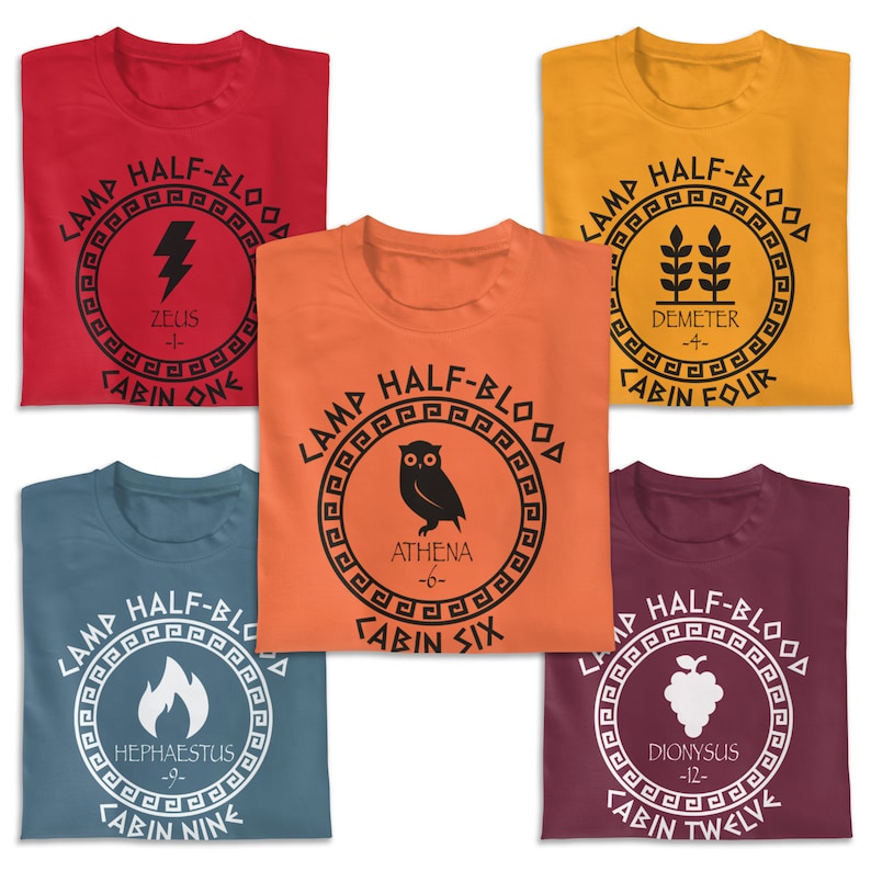 May include: Five different t-shirts with Camp Half-Blood logos. Each shirt features a different Greek god or goddess, including Zeus, Athena, Demeter, Hephaestus, and Dionysus. The shirts are all in different colors, including red, orange, yellow, blue, and maroon.