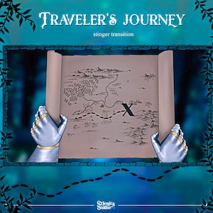 Puede incluir: Ilustración de un mapa titulado "Traveler's Journey" con una ruta punteada y una "X" que marca un destino. El mapa está sostenido por dos guanteletes metálicos sobre un fondo verde azulado. Incluye el texto "stinger transition".