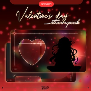 Puede incluir: Paquete de transmisión animado de San Valentín con un corazón rojo y una silueta de una persona con cabello largo. El fondo es un degradado rojo con corazones.