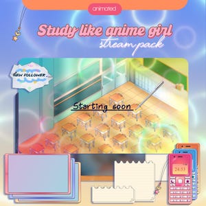 Op de afbeelding: Een klaslokaal met tafels en stoelen, een schoolbord met de tekst "Starting soon", een roze en witte mobiele telefoon met een digitale klok die 24:53 aangeeft, en een gescheurd papiertje met de tekst "NEW FOLLOWER". De afbeelding heeft een lichtblauwe achtergrond met regenboogkleurige cirkels.