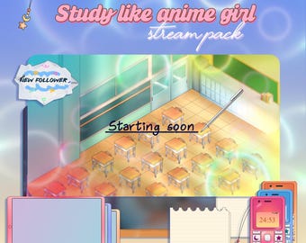 Anime Study Stream Overlay Pack | Shojo Manga Style | Animated Pomodoro Timer | Cozy Classroom Background | Cute Study Room Twitch OBS