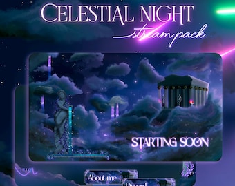Celestial night Stream Overlay Pack - sky, shooting star, fantasy Twitch - Vtuber Animated Scenes