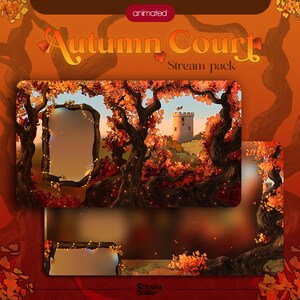 Puede incluir: Un paquete de streaming animado titulado Autumn Court que presenta una ilustración digital de un castillo a lo lejos rodeado de árboles oscuros y nudosos con hojas de otoño naranjas y rojas, luces de hadas y marcos rectangulares.