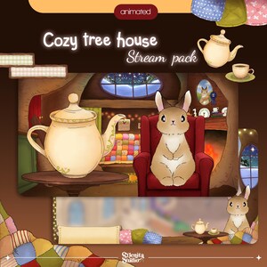 Könnte beinhalten: Animiertes Cozy Tree House Stream Pack-Grafik. Ein Cartoon-Kaninchen sitzt in einem roten Sessel in einem gemütlichen Baumhaus. Eine Teekanne und eine Tasse stehen auf einem Tisch. Das Bild hat eine warme, einladende Farbpalette mit dem Text "Cozy tree house Stream pack".