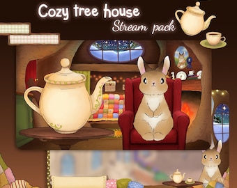 Cozy Bunny Tree House Stream Pack | Winter Forest Overlay | PNGtuber | Christmas Stream Scenes | Cottagecore