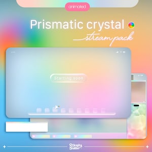 Puede incluir: Un diseño digital con un fondo degradado de arcoíris pastel. El texto "Prismatic crystal stream pack" se muestra en blanco. El diseño incluye una pantalla de ordenador y una pantalla de teléfono, ambas con un degradado similar y las palabras "Starting soon".