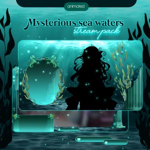 Puede incluir: Paquete de transmisión de Twitch animado con un tema de aguas marinas misteriosas. El paquete presenta una silueta de una mujer con cabello largo, íconos de caballitos de mar y un cuadro de chat. El fondo es azul oscuro con algas verdes y burbujas brillantes.